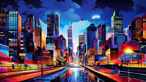 Urban cityscape collage featuring a mosaic of vibrant colors, AI generated