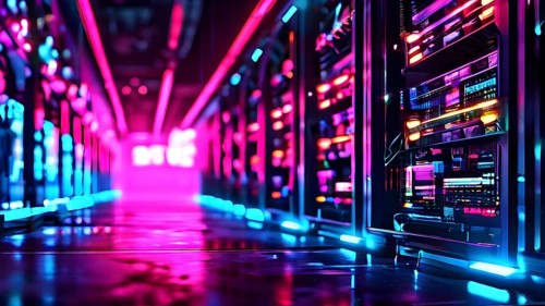 Server racks aligned in rows within a cloud computing data center background and data streams