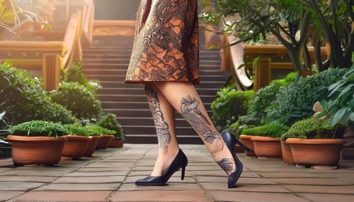 Woman walking on a paved path, showing tattoos on her legs and wearing an orange skirt and high