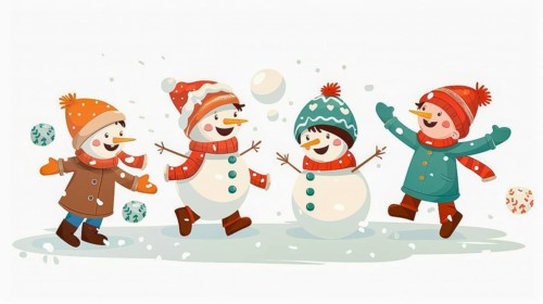 Four playful snowmen with children attire are playing with snowballs, surrounded by falling