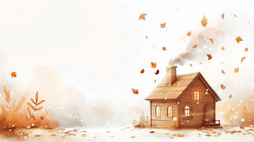 A cozy cottage with smoke from the chimney surrounded by falling autumn leaves in a light,