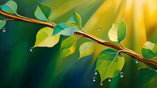 Abstract digital painting embodying sustainability with intertwining leaves glisten with water