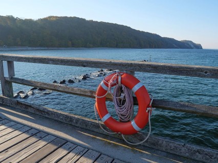 Lifebuoy on a wooden railing on the pier overlooking the calm sea, Ruegen, Germany, Europe