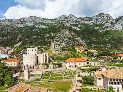 Kruje and Mount Kruje from a drone, Ishem River, Albania, Europe