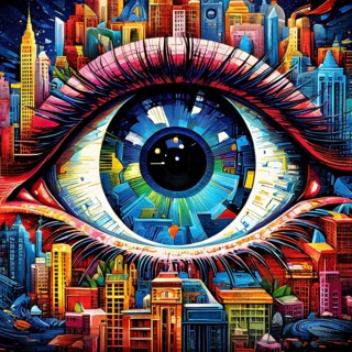 Illustration mosaic collage of an abstract detailed eye morphing into urban cityscape, AI generated