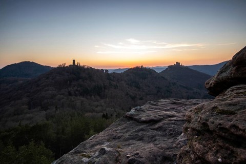 View of Trifels Castle, from Engels Landing rock, with the young tower in autumn at sunset.