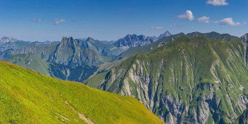 Panorama from Wildengundkopf, 2238m to Hoefats 2259m and Grosser Wilder, 2379m, Allgaeu Alps,