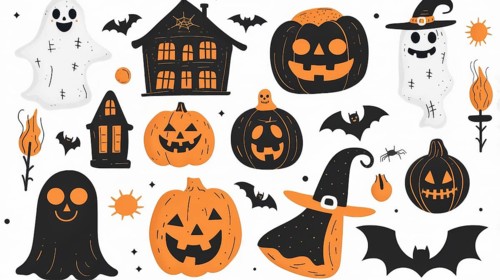 A variety of Halloween-themed illustrations with pumpkins, ghosts, a haunted house, bats, and