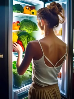 A young woman stands in front of the open fridge with lots of vegetables in it, healthy eating, AI