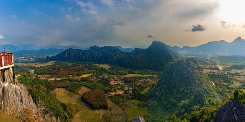 Panorama of Vang Vieng and the Kart landscape from Pha Ngern View Point, Vientiane Province, Laos,