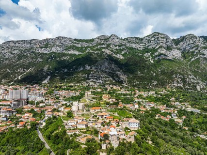 Kruje and Mount Kruje from a drone, Ishem River, Albania, Europe