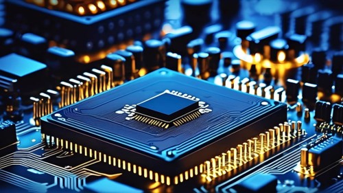 Close-up of a printed circuit board with microchip processor CPU, various electronic components and