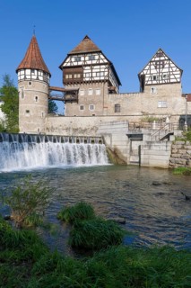 Zollernschloss Balingen on the Eyach, weir, barrage, Balingen, Baden-Wuerttemberg, Germany, Europe