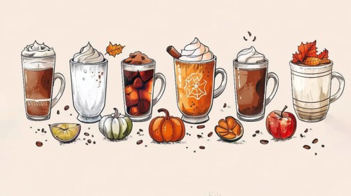 Illustration of various coffee drinks adorned with whipped cream, fruits, pumpkins, and leaves in a