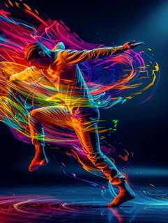 Dancer in an energetic pose with neon light trails creating a vibrant and dynamic pattern against a