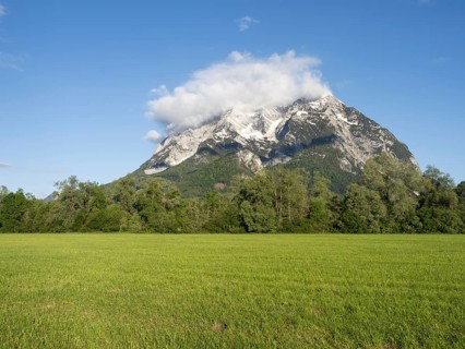 Meadow and trees, with the Grimming massif in the background in the morning light, near Irdning,