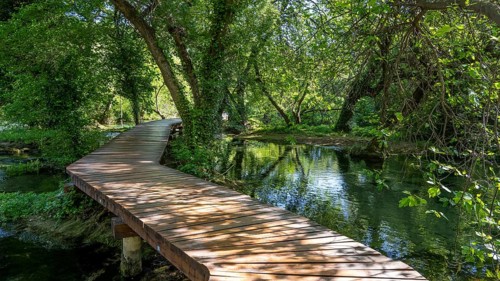 Wooden footbridge in Krka National Park, Krka Waterfalls, Dalmatia, Croatia, Europe
