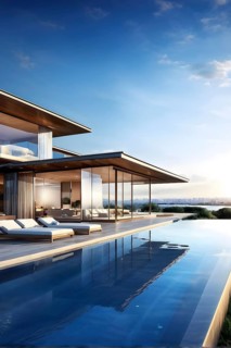 Luxurious wooden house with swimming pool reflecting the opulence of billionaires nestled in