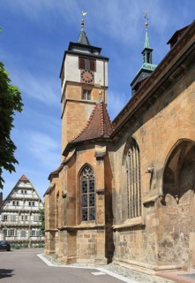 St Bartholomew's Church with high watchtower and bell tower, Markgroeningen, Baden-Wuerttemberg,