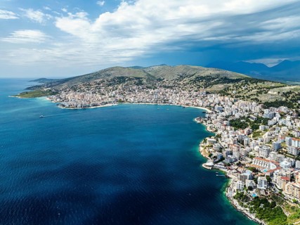 Saranda from a drone, Albanian Riviera, Albania, Europe