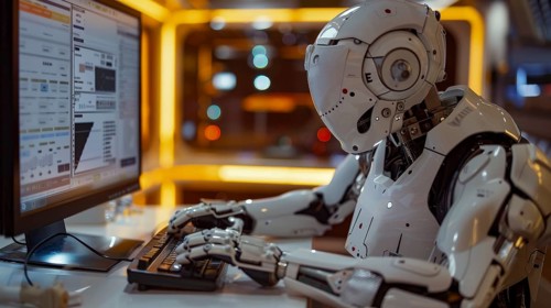 A robot with a cybernetic appearance and glowing lights typing on a computer in a high-tech