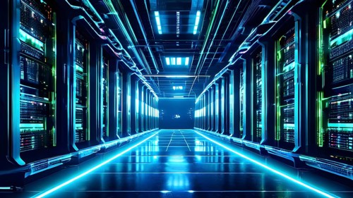Server racks aligned in rows within a cloud computing data center background and data streams