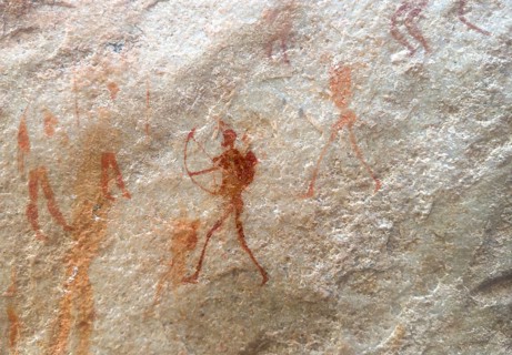 Prehistoric depiction of various people at the Ja, archer, San rock paintings, Sevilla Art Rock