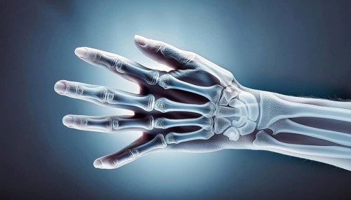 Lateral X-ray view of a human hand with visible bone structures against a blue background, AI