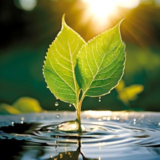 Abstract digital painting embodying sustainability with intertwining leaves glisten with water
