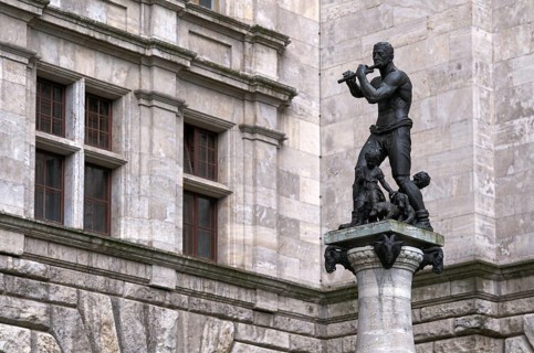Flute player on town hall fountain, also known as Pied Piper fountain, Leipzig, Saxony, Germany,