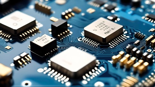 Close-up of a printed circuit board with microchip processor CPU, various electronic components and