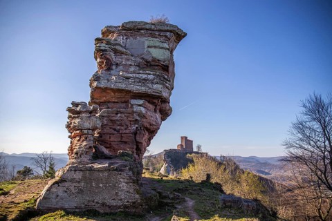 View of Trifels Castle, from Engels Landing rock, with the young tower in autumn at sunset.