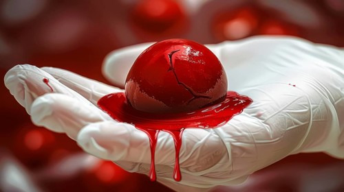 A cracked red heart in a latex-gloved hand, with blood dripping, evoking tension and drama
