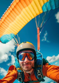 Close-up of a beautiful man in an orange jumpsuit skydiving through the air. Vertical shot. AI