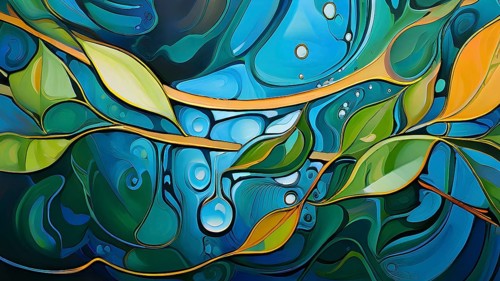 Abstract digital painting embodying sustainability with intertwining leaves glisten with water
