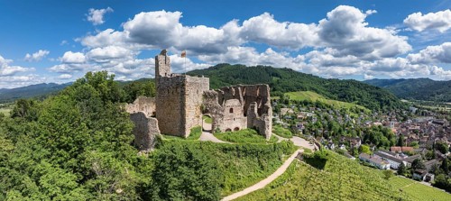 Aerial view, panorama of Staufen Castle, on a vineyard, Schlossberg, Staufen im Breisgau,
