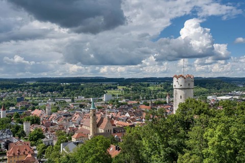 View over the historic town centre of Ravensburg, on the right the fortified defence tower built in