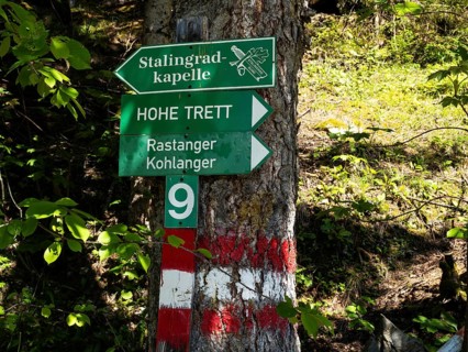 Signpost, path to the Stalingrad Chapel, near Aigen im Ennstal, Styria, Austria, Europe