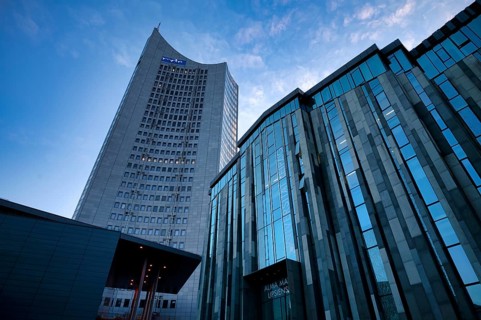 Gewandhaus, City-Hochhaus, mdr, Logo, University Alma Mater Lipsiensis, Leipzig, Saxony, Germany,