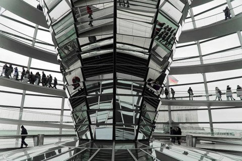 The dome of the Reichstag in Berlin. The architect Sir Norman Foster designed the steel and glass