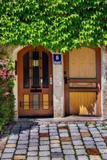 Two arched doorways and Boston ivy (Parthenocissus tricuspidata), Kempten, Allgaeu, Bavaria,