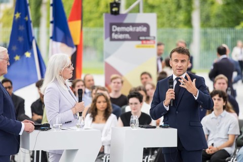Emmanuel Macron (President of the French Republic) at the stage talk in the dialogue forum at