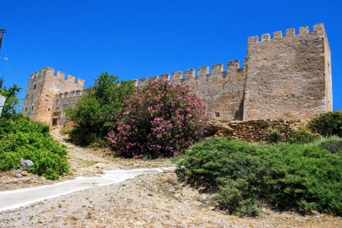 Exterior view with two corner towers walls battlements of Fort Fortezza Fortetza Frangokastello