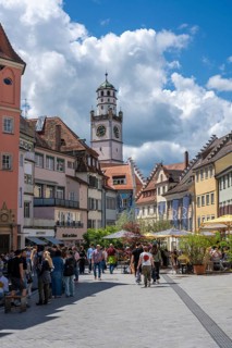 Gespinstmarkt, pedestrian zone with the Blaserturm in the historic old town of Ravensburg,