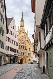 Pedestrian zone with the Heilig-Geist-Spital in the historic old town of Bad forest lake, Upper