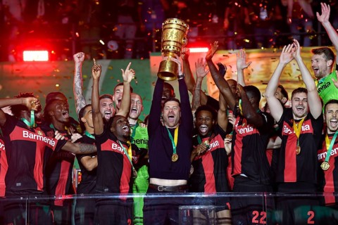 Cheering, joy, winner's celebration, honour, award ceremony of the cup winner Bayer 04 Leverkusen,