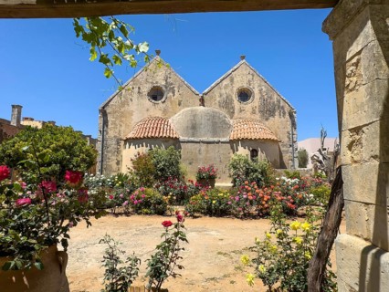 View of rear wall of double-aisled church building Church of Arkadi Monastery with double apse in