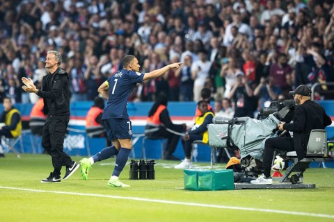 Football match, captain Kylian MBAPPE' Paris St. Germain right has just scored the 1:0 for Paris St
