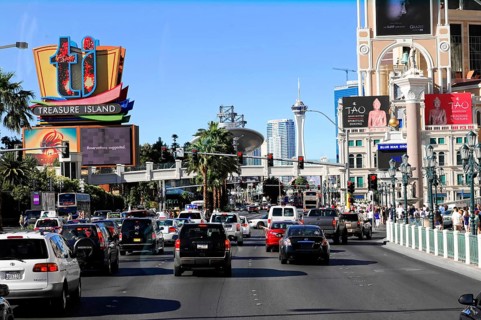 Las Vegas, Nevada, USA, North America, Traffic on the Las Vegas Strip with a view of Treasure