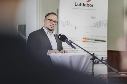 Philipp Schulz. Mayor of Wusterhausen/Dosse, photographed during the opening ceremony of the drone